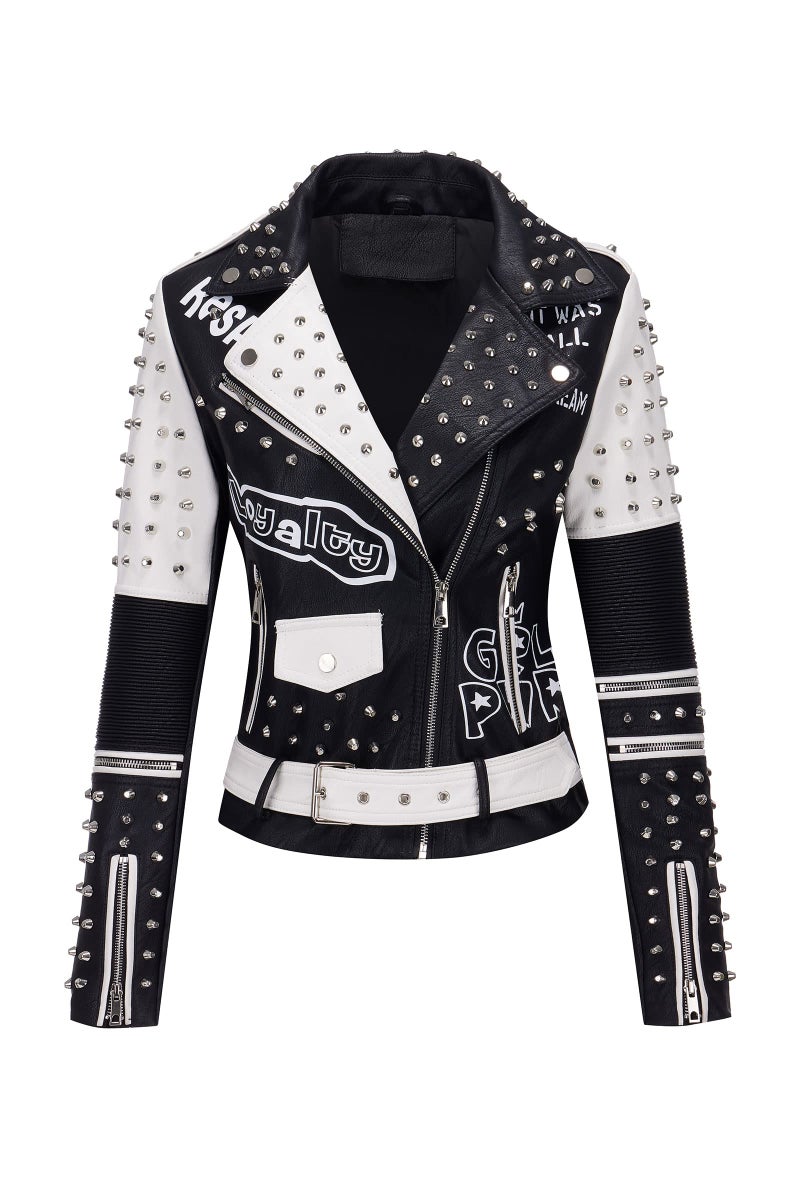RISISSIDA Studded Leather Jacket Women Moto Motorcycle Faux Leather Short Coat Blackwhite 0376 L - Image 2