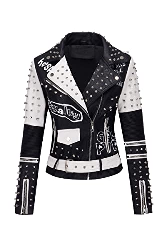 RISISSIDA Studded Leather Jacket Women Moto Motorcycle Faux Leather Short Coat Blackwhite 0376 L - Image 1
