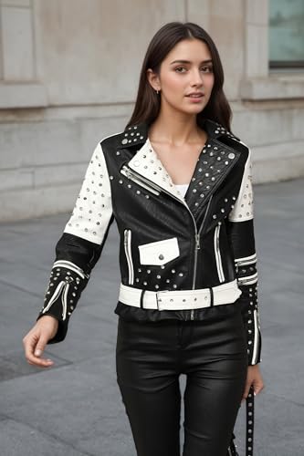 RISISSIDA Studded Leather Jacket Women Moto Motorcycle Faux Leather Short Coat Blackwhite 0376 L - Image 3