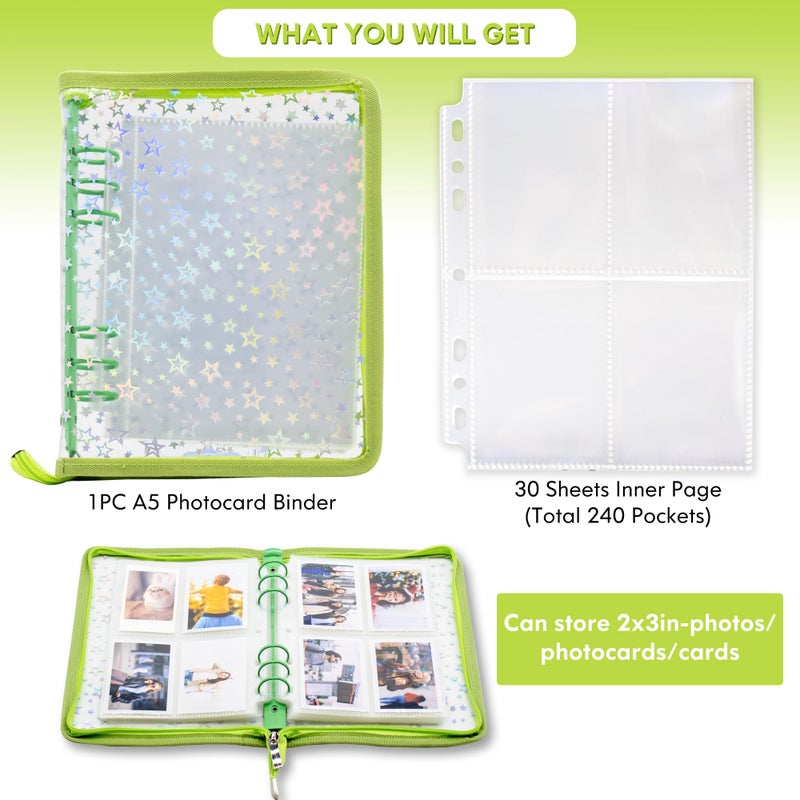 Tugle Kpop Photocard Binder Holder with 30 Pack 4-Pocket Inner Pages, A5 6 Ring Cover Album Book with Zipper for Organizing Trading Card (Green) - Image 3