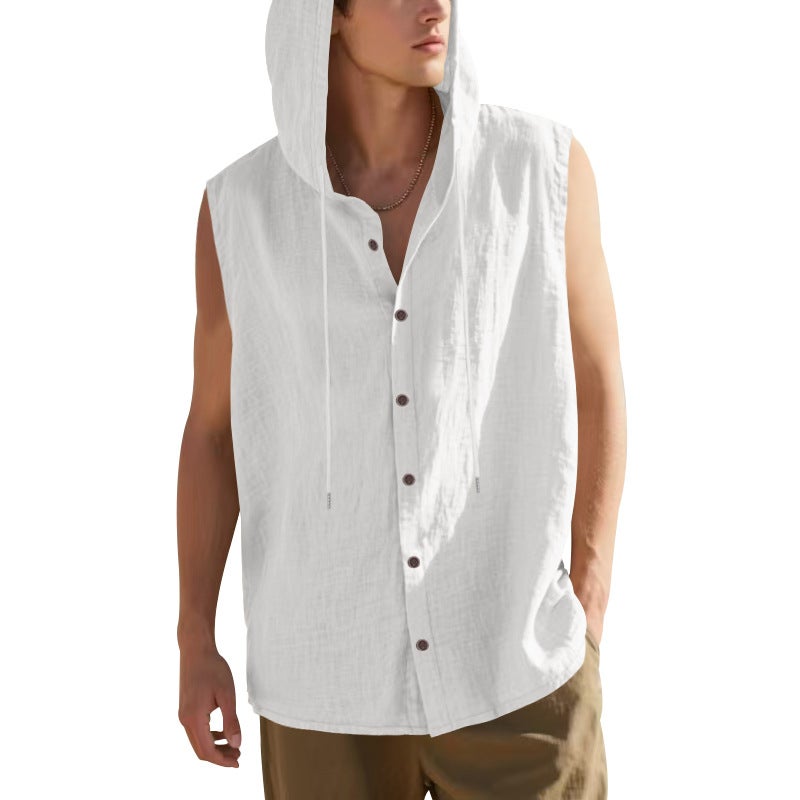 Summer Men's Linen Shirt, Loose Casual Breathable Sleeveless Shirt, Men's Hooded Vest