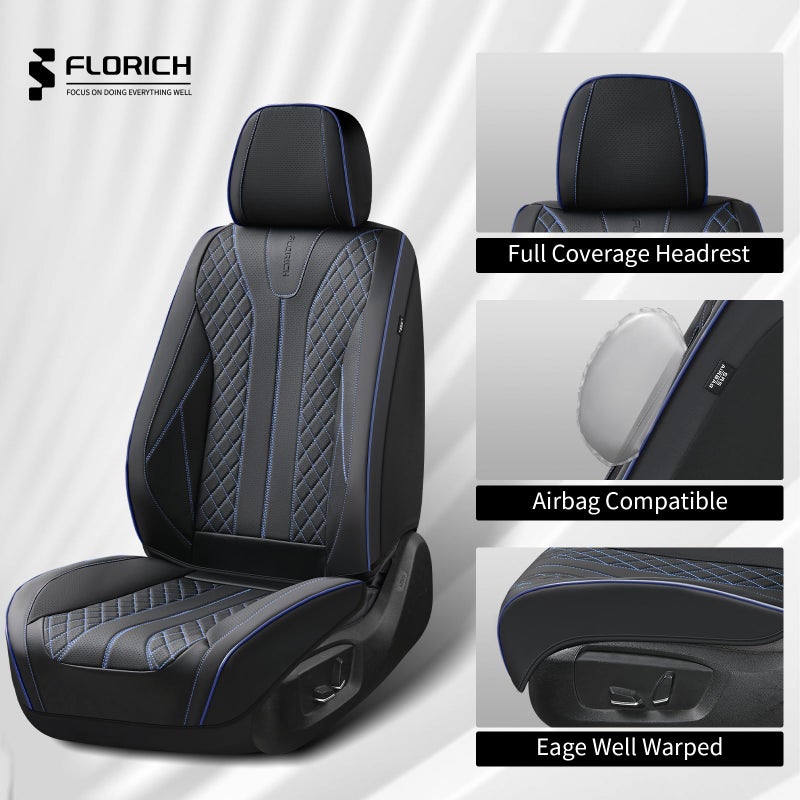 FLORICH Leather Seat Covers for Cars, Car Seat Cover Full Set Luxury Faux Leather Waterproof Seat Cover Full Coverage Seat Protector Universal Fit for Most Cars SUV Trucks, Black&Blue Line - Image 5