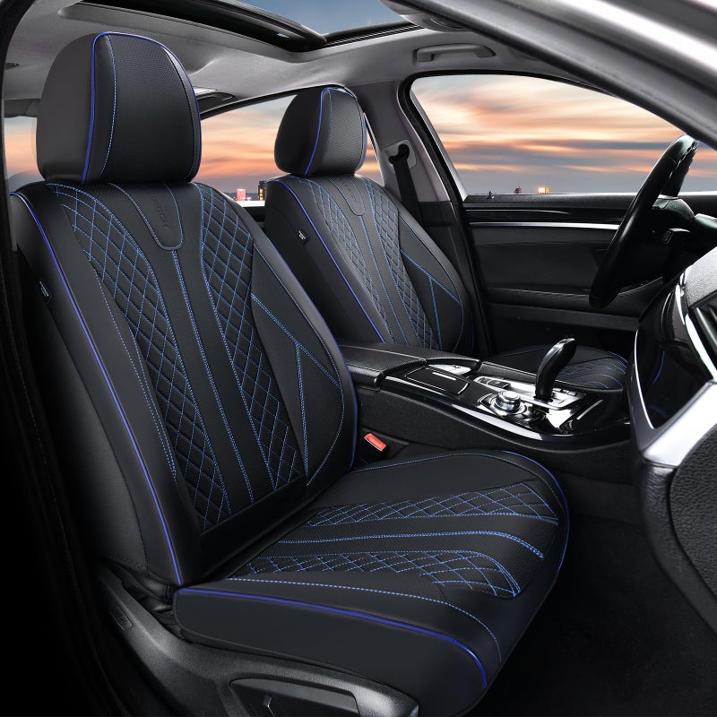 FLORICH Leather Seat Covers for Cars, Car Seat Cover Full Set Luxury Faux Leather Waterproof Seat Cover Full Coverage Seat Protector Universal Fit for Most Cars SUV Trucks, Black&Blue Line - Image 2