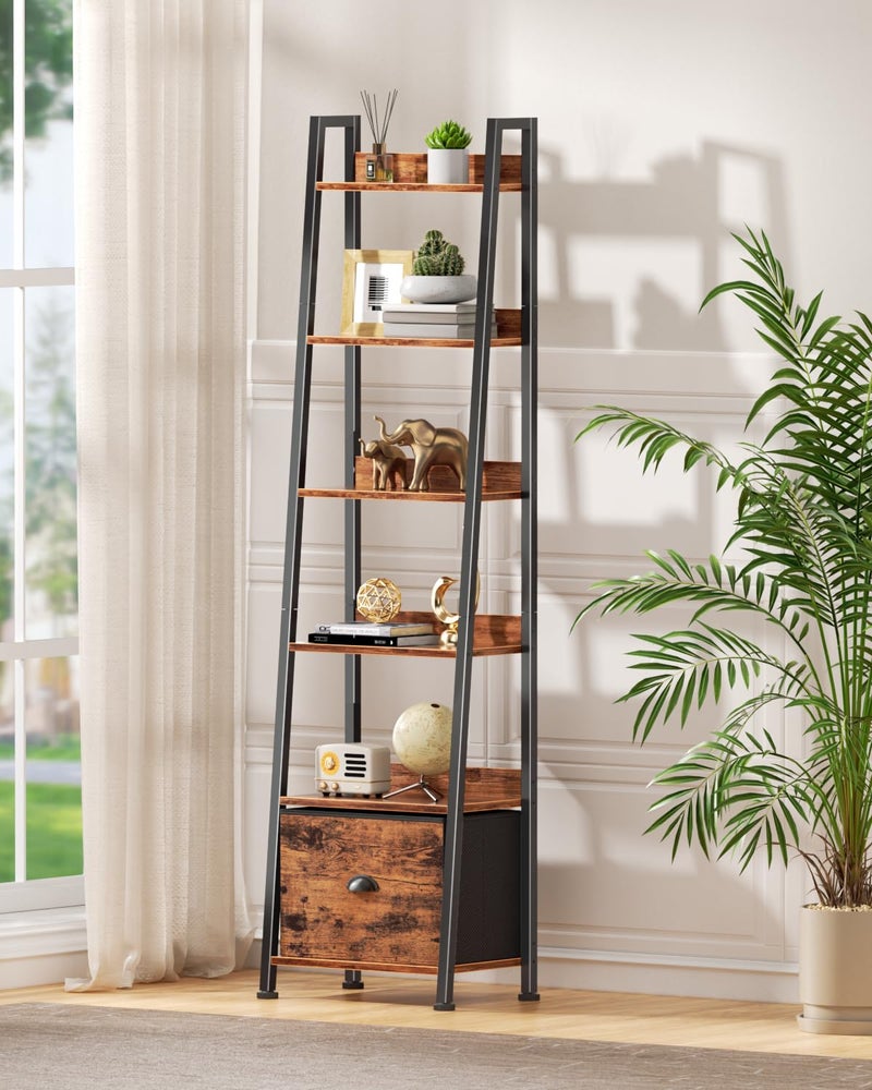 Furologee 6 Tier Ladder Shelf,Ladder Bookshelf with Drawer,Industrial Tall Bookcase,Storage Rack Organizer,Wood Metal Freestanding Shelves for Living Room, Home Office, Bedroom,Rustic Brown - Image 2