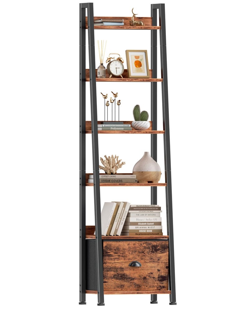 Furologee 6 Tier Ladder Shelf,Ladder Bookshelf with Drawer,Industrial Tall Bookcase,Storage Rack Organizer,Wood Metal Freestanding Shelves for Living Room, Home Office, Bedroom,Rustic Brown - Image 1