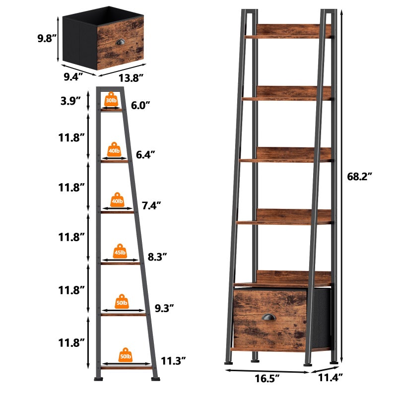 Furologee 6 Tier Ladder Shelf,Ladder Bookshelf with Drawer,Industrial Tall Bookcase,Storage Rack Organizer,Wood Metal Freestanding Shelves for Living Room, Home Office, Bedroom,Rustic Brown - Image 3