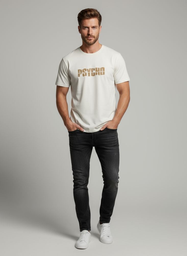 Premium White Cotton T-Shirt with “PSYCHO” Typography – Casual Graphic Tee for Men - Image 1