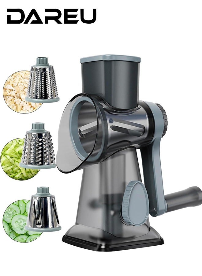 DAREU Rotary Cheese Grater with Suction Base & Handle – Manual Stainless Steel Multi‑Purpose Grater for Cheese, Vegetables & Fruits – Includes 3 Interchangeable Blades (Blue)  - Image 1