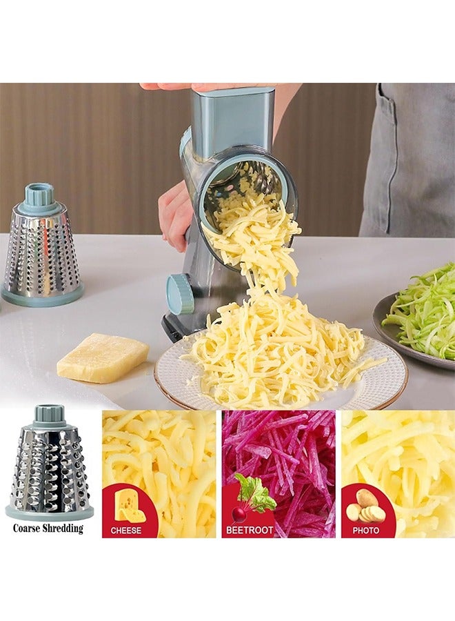 DAREU Rotary Cheese Grater with Suction Base & Handle – Manual Stainless Steel Multi‑Purpose Grater for Cheese, Vegetables & Fruits – Includes 3 Interchangeable Blades (Blue)  - Image 2