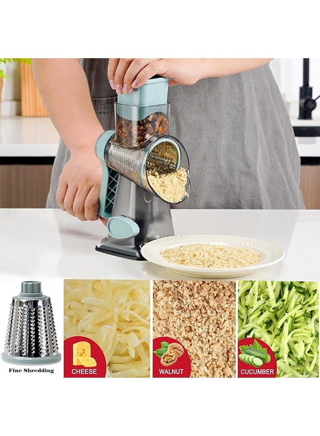 DAREU Rotary Cheese Grater with Suction Base & Handle – Manual Stainless Steel Multi‑Purpose Grater for Cheese, Vegetables & Fruits – Includes 3 Interchangeable Blades (Blue)  - Image 4