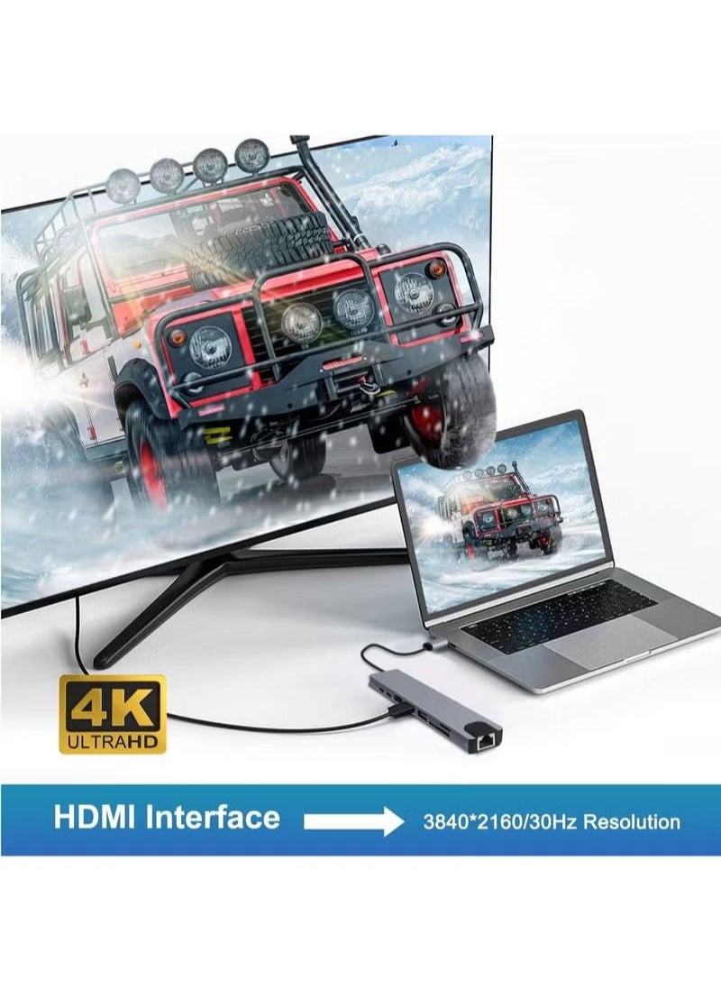 البيت الرقمي موزع USB C ومحول HDMI 8 في 1 4K@32 هرتز مع منفذ ايثرنت ومنفذ شحن نوع سي بتقنية بي دي وباور ديلفري 100 واط بمنافذ USB 3.0 و2.0 متوافق مع ماك بوك برو وكروم بوك واكس بي اس واجهزة USB C  - Image 2