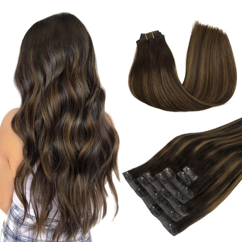 DOORES Seamless Clip in Hair Extensions Dark Brown to Chestnut Brown 7pcs 110g 14 Inch Hair Extensions Human Hair Remy Clip in Hair Extensions Straight Invisi Edge Hair Extensions Hair Skin Weft