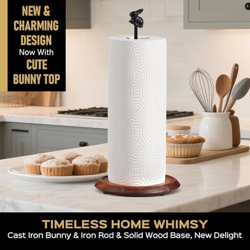 Tocemei Wooden Paper Towel Holder Countertop, Cute Rabbit Design - Natural Solid Wood Base with Iron Rod,Paper Towel Holder countertop for Kitchen Roll Organizing, Dining Table & Home Décor - Image 2