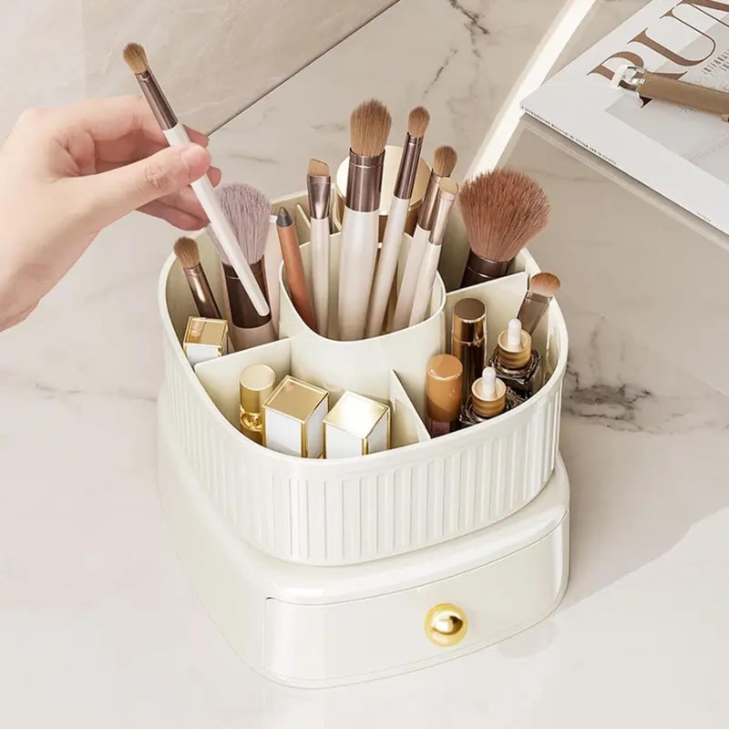 HOOPVOOL 360 Rotating Desk Organizer, Stationery Storage,Pen Holder, Plastic Makeup brush Organizer with Drawers, Multifunctional Desk Accessories Tidy Caddy for Dresser Table (360 Cream) - Image 4