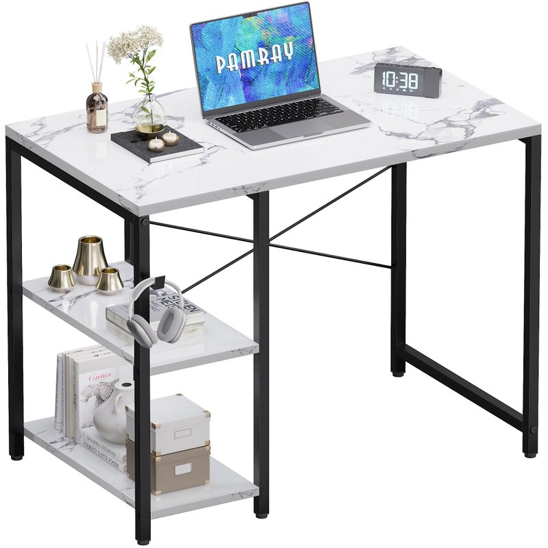 Pamray 32 Inch Small Computer Desk with Shelves, Home Office Desk with Headphone Hook for Bedroom, Study Writing PC Table for Small Spaces, Marble - Image 1