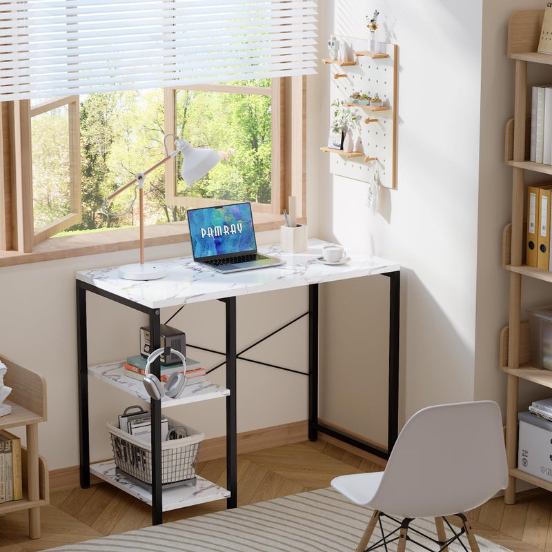 Pamray 32 Inch Small Computer Desk with Shelves, Home Office Desk with Headphone Hook for Bedroom, Study Writing PC Table for Small Spaces, Marble - Image 2