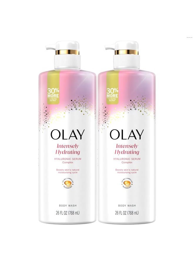 Olay غسول الجسم للنساء، مرطب بشكل مكثف، مركب سيروم حمض الهيالورونيك، يجدد الرطوبة، خالي من البارابين والفثالات، تقنية لاميلر فيتامين ب3، لجميع أنواع البشرة، 26 أونصة سائلة (عبوة من 2) - Image 1
