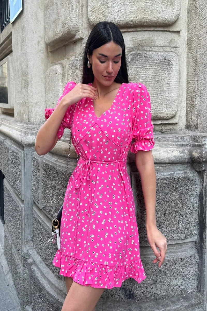 فور يو مودا Natural Viscose Skirt Ruffle Detailed Patterned Fuchsia Dress