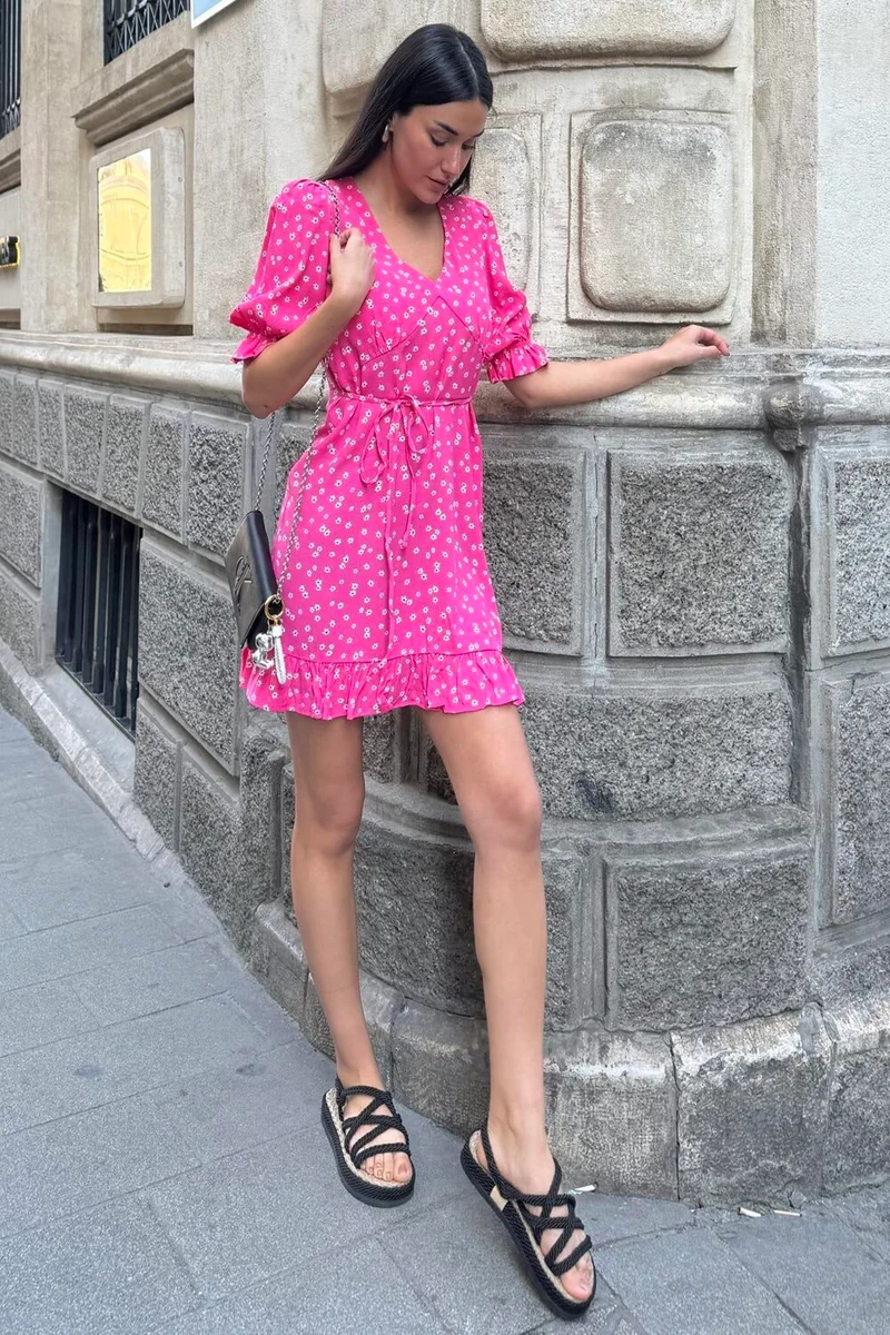 فور يو مودا Natural Viscose Skirt Ruffle Detailed Patterned Fuchsia Dress