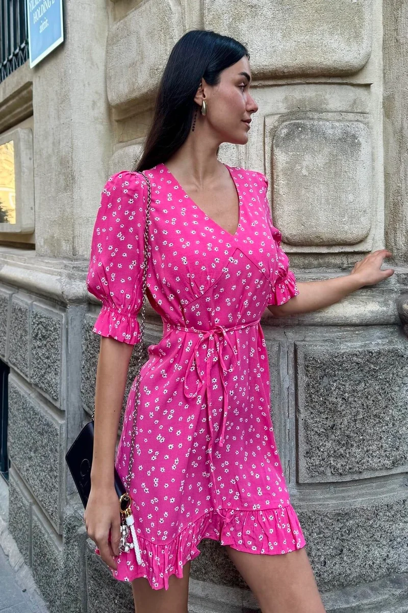 فور يو مودا Natural Viscose Skirt Ruffle Detailed Patterned Fuchsia Dress