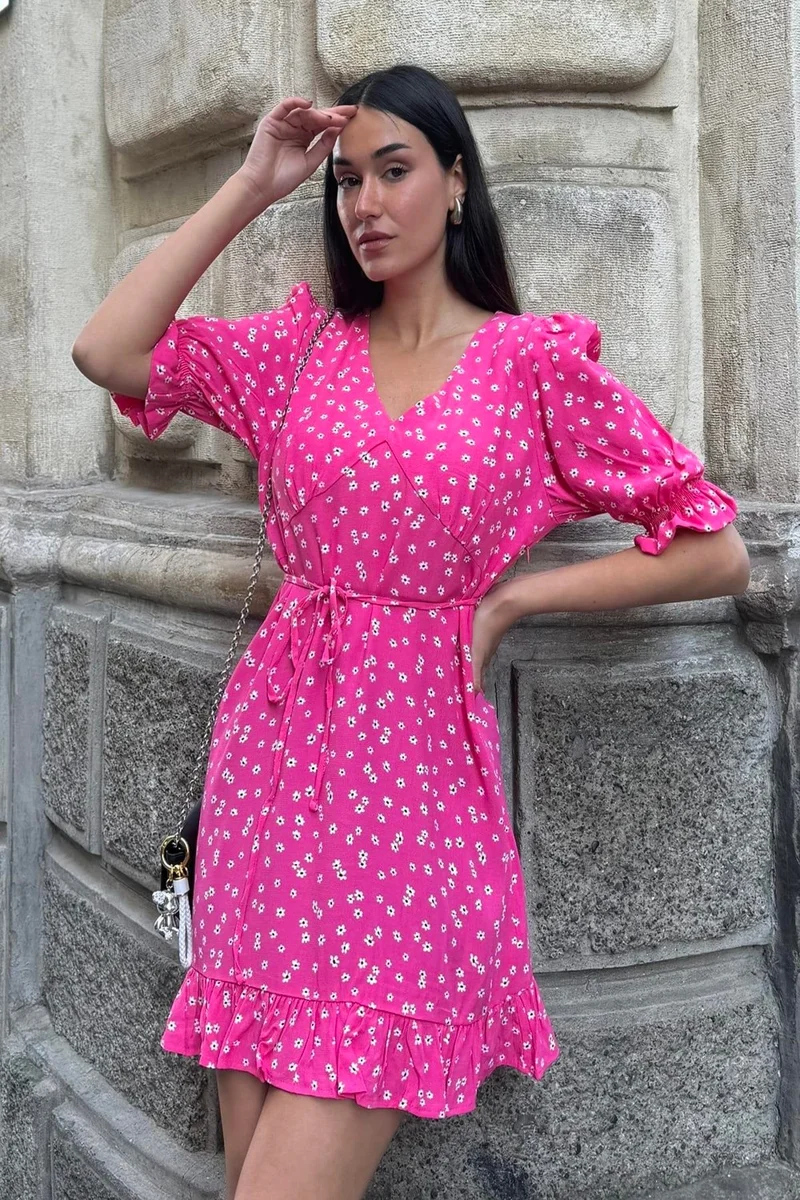 فور يو مودا Natural Viscose Skirt Ruffle Detailed Patterned Fuchsia Dress
