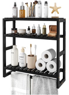XiuWoo 3 Tier Adjustable Wood Bamboo Home Wall Mounted Storage Rack, Over Toilet Rack, Bathroom Organizer, Bathroom Rack, Storage Organizer Shelf with Towel Bar Shower  - Image 1