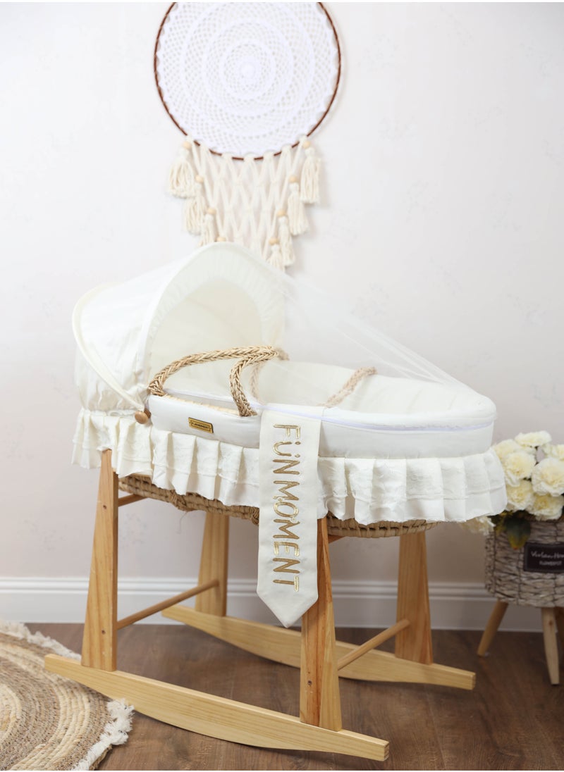 FUN MOMENT Baby crib Moses basket for babies with mosquito net with wooden rocking stand  - Image 1