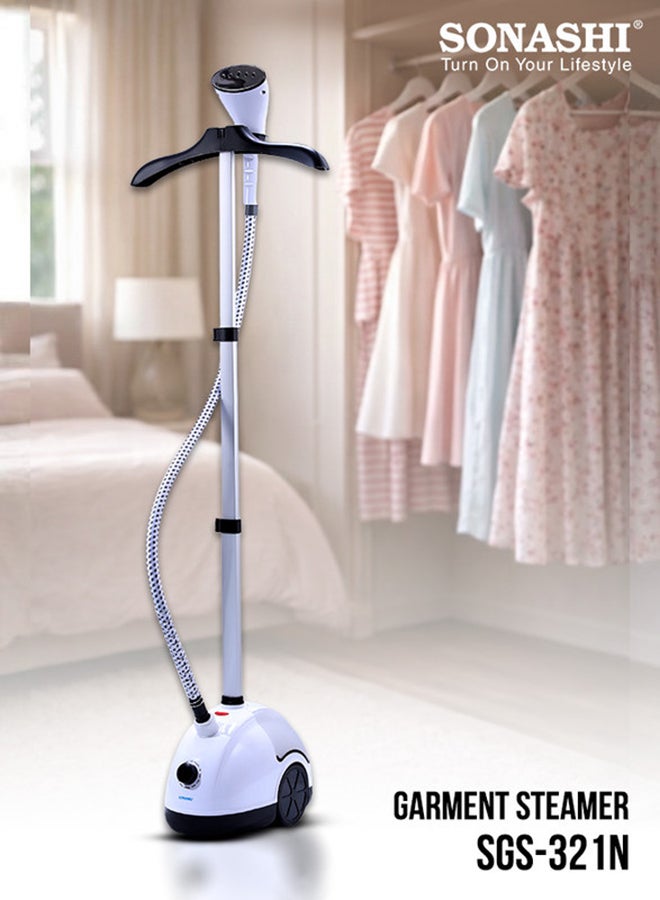 Garment Steamer – Mechanical Control with 11 Fabric Levels | 1.8L Water Tank, Steam Flow 33–39g/min | Heat-Resistant Handle, Auto Power Off & Overheat Protection | ABS Hanger, PVC Steam Hose, Extendable Aluminium Pole | 1.8 L 2000 W SGS-321N White