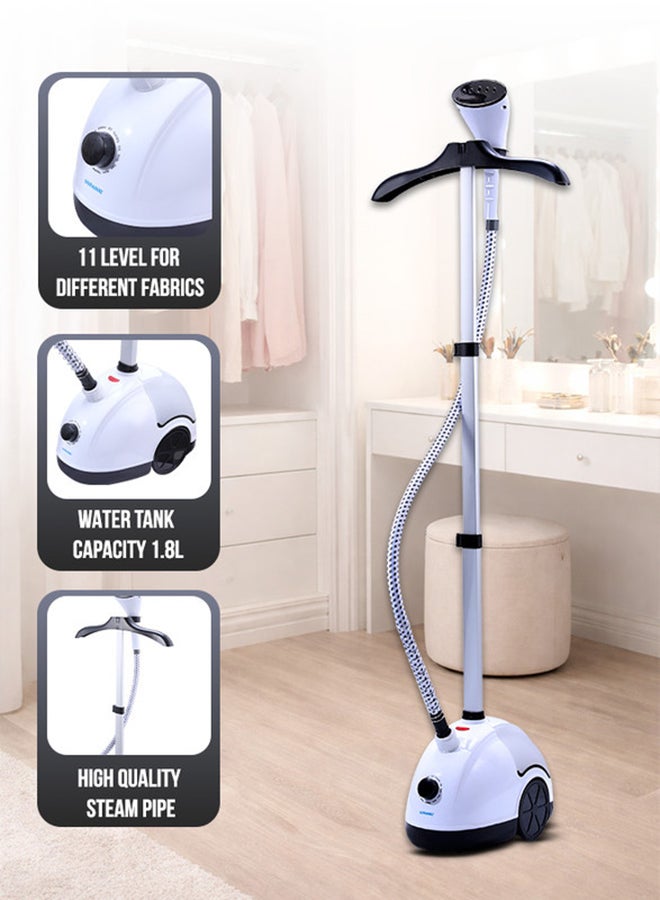 SONASHI Garment Steamer – Mechanical Control with 11 Fabric Levels | 1.8L Water Tank, Steam Flow 33–39g/min | Heat-Resistant Handle, Auto Power Off & Overheat Protection | ABS Hanger, PVC Steam Hose, Extendable Aluminium Pole | 1.8 L 2000 W SGS-321N White - Image 2