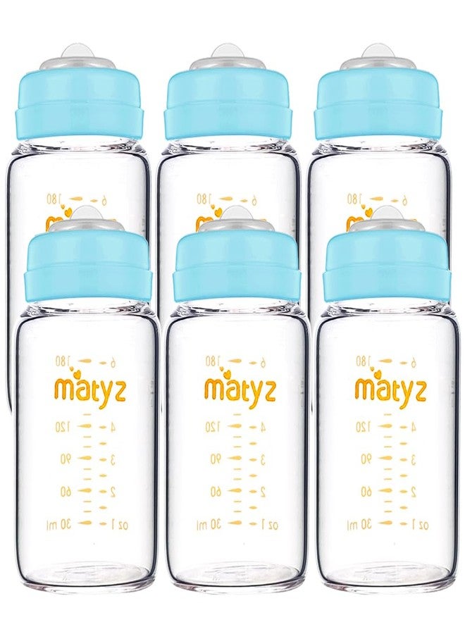 Matyz زجاجات تخزين حليب الثدي ماتيز، 6 عبوات، 6 أونصات، متوافقة مع مضخة الثدي سبيكترا ميديلا - مجموعة زجاجات تخزين آمنة في الفريزر - حاويات تخزين حليب الثدي ذات فم واسع - خالية من BPA (أغطية زرقاء) - Image 1