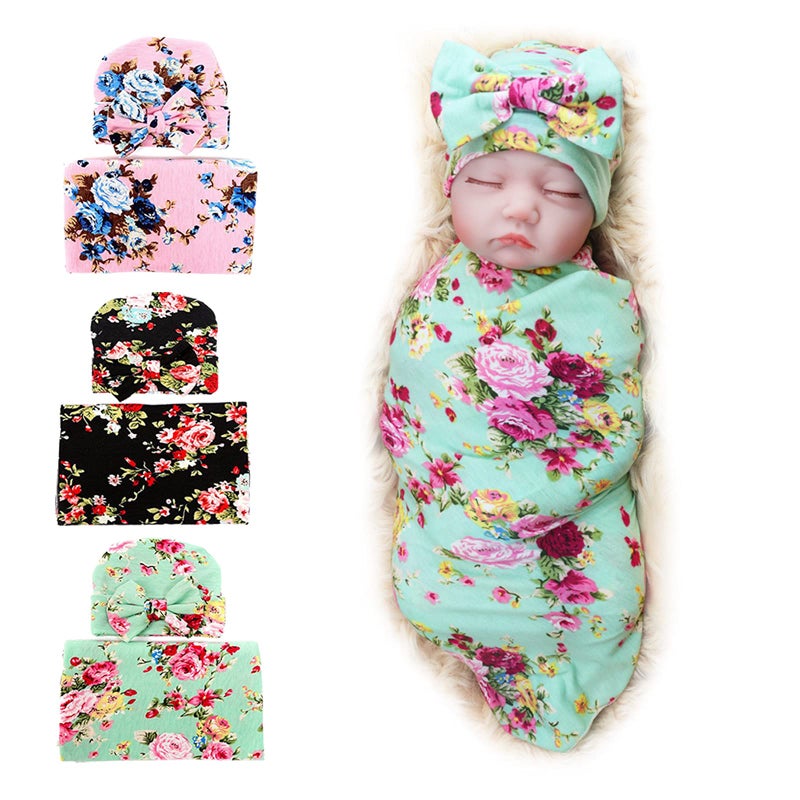 DRESHOW BQUBO Newborn Receiving Blanket with Bow Hat Set Flower Print Baby Swaddle Blankets with Beanie Nursery Swaddle Wrap 3 Sets - Image 1