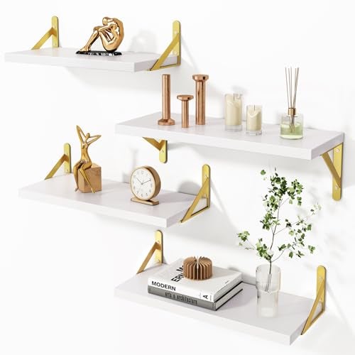 YGEOMER Floating Shelves for Wall Different Sizes White Wall Shelves for Living Room Bathroom Bedroom Kitchen Home Decor Set of 4