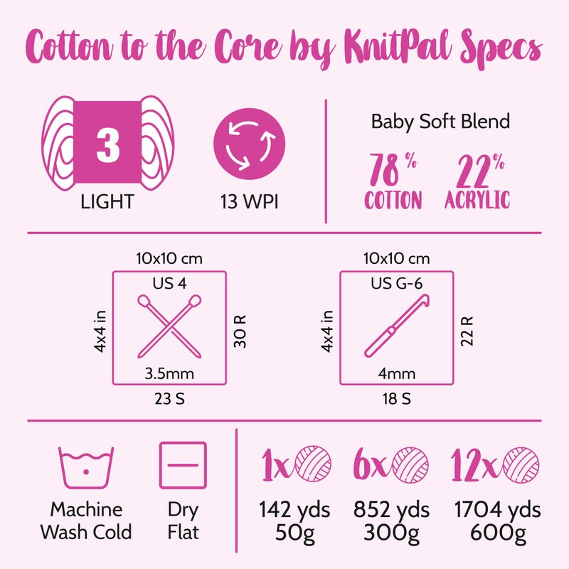 KnitPal Cotton to The Core Cotton Yarn for Crocheting, 6-Pack (852 Yds / 300G), Free Patterns, Beginners Friendly - Soft Baby Yarn for Knitting - 3 DK Light Worsted Weight - Blush Pink - Image 4