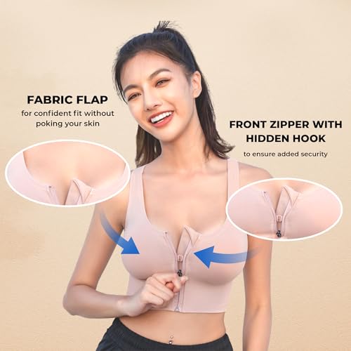 PLUMBURY Women's Polyamide Seamless Padded Full Coverage Front Zip Cross Back Sports Bra, Size XL, Beige - Image 2