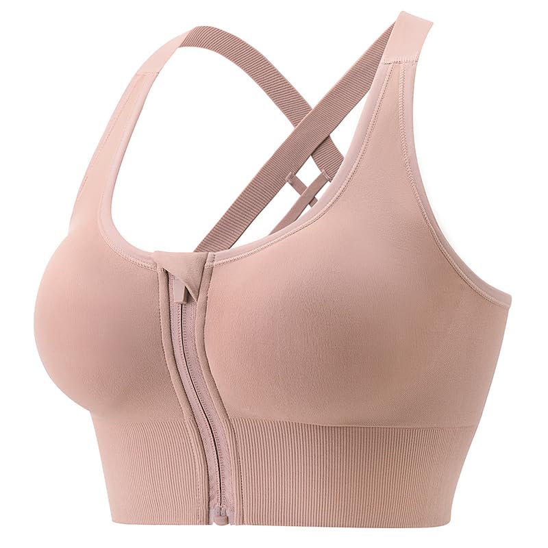 PLUMBURY Women's Polyamide Seamless Padded Full Coverage Front Zip Cross Back Sports Bra, Size XL, Beige - Image 1
