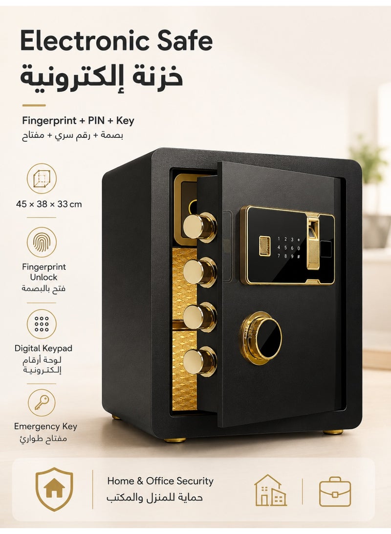 VINNYSEN خزنة إلكترونية 45×38×33 سم، خزنة أمان بالبصمة مع لوحة أرقام رقمية ورمز سري ومفتاح طوارئ، خزنة سوداء للمنزل والمكتب لحفظ المجوهرات والنقود وجواز السفر والمستندات والمقتنيات - Image 1