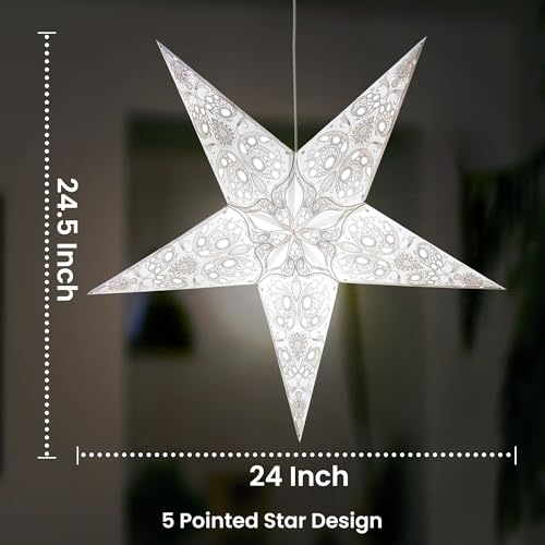 GalaxyArts Paper Star Lantern, 24 Inch Maharani White 3D 5-Point Light-Up Hanging Lamp, Handcrafted Hollow Decoration for Christmas, Weddings, Holidays, Birthday, Indoor Outdoor Party Home Décor - Image 2