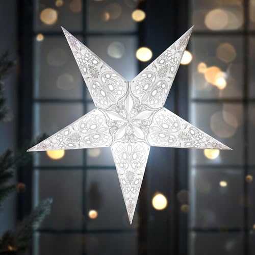 GalaxyArts Paper Star Lantern, 24 Inch Maharani White 3D 5-Point Light-Up Hanging Lamp, Handcrafted Hollow Decoration for Christmas, Weddings, Holidays, Birthday, Indoor Outdoor Party Home Décor - Image 1