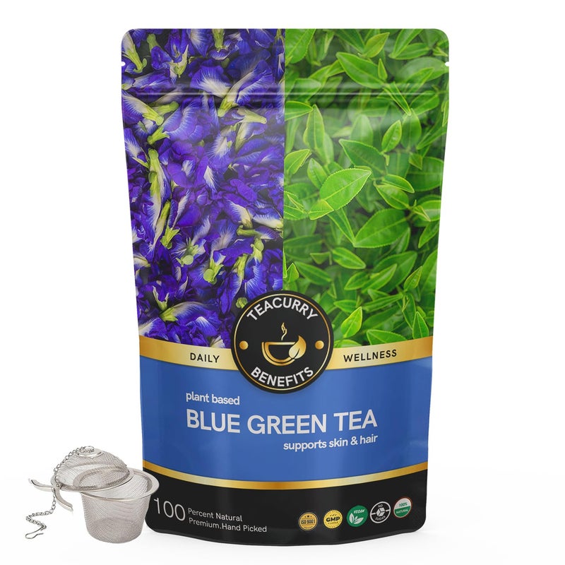 TEACURRY Blue Pea Flower Green Tea - 50 Gms Loose Tea + Infuser of Blue Pea Green Tea | Helps with Weight Loss, Skin Glow, Hair Care, Brain Health | Butterfly Pea Green Tea - Image 1