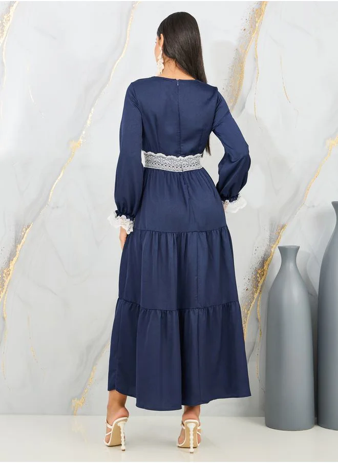 ستايلي Lace Detail Tie Up Neck Tiered Maxi Dress