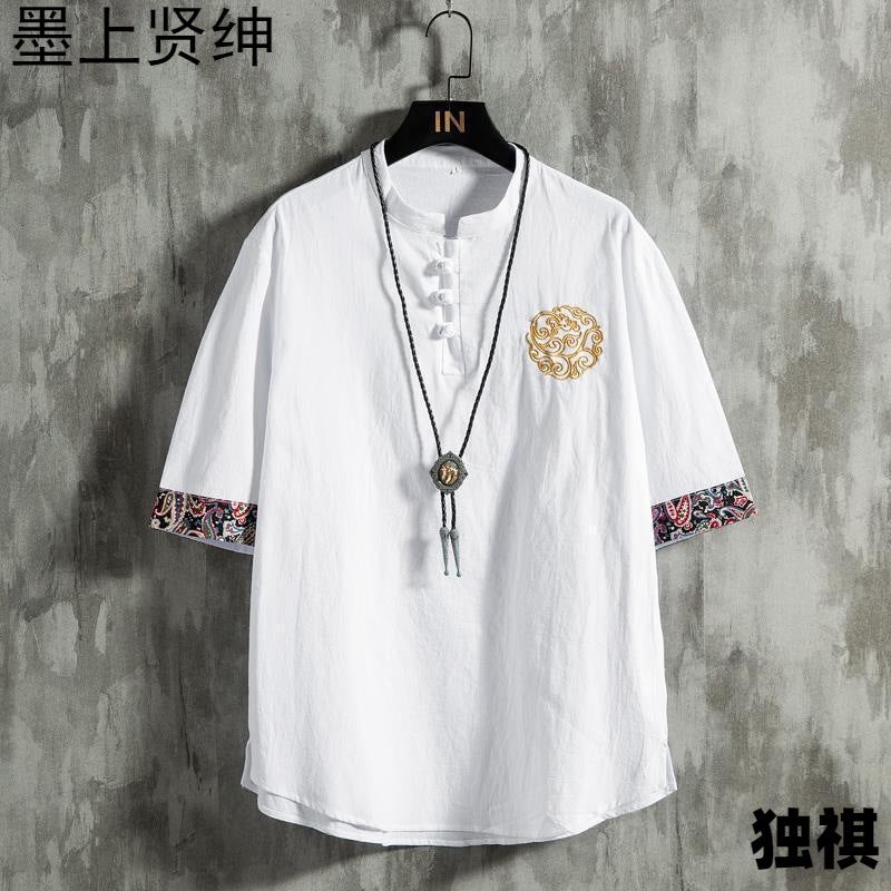 Summer Chinese Style Embroidered Short-Sleeved T-Shirt Men'S 2023 New Arrival Plus Size Chubby Chaozhou Brand Loose Cotton Linen Top - Image 3