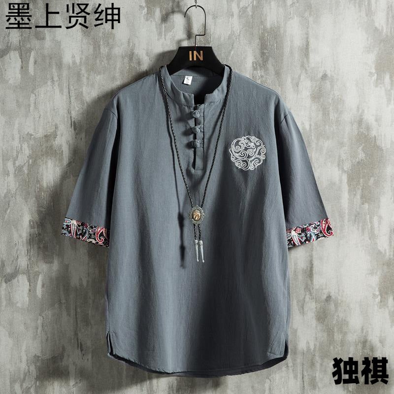 Summer Chinese Style Embroidered Short-Sleeved T-Shirt Men'S 2023 New Arrival Plus Size Chubby Chaozhou Brand Loose Cotton Linen Top - Image 1