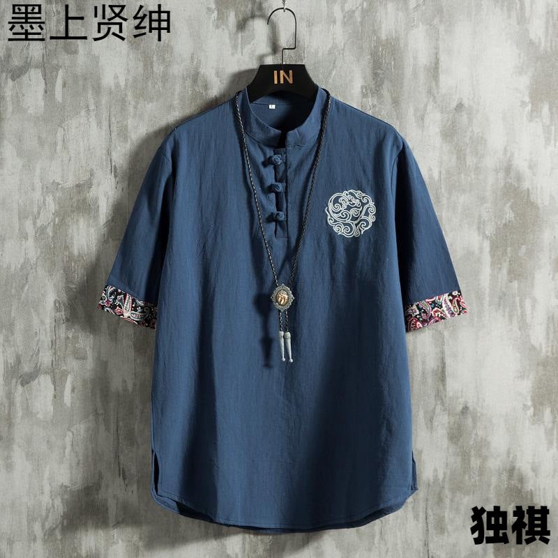 Summer Chinese Style Embroidered Short-Sleeved T-Shirt Men'S 2023 New Arrival Plus Size Chubby Chaozhou Brand Loose Cotton Linen Top - Image 2