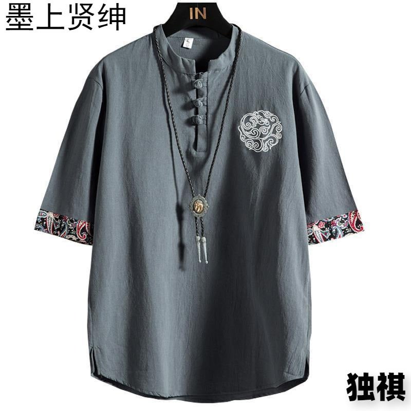 Summer Chinese Style Embroidered Short-Sleeved T-Shirt Men'S 2023 New Arrival Plus Size Chubby Chaozhou Brand Loose Cotton Linen Top - Image 5