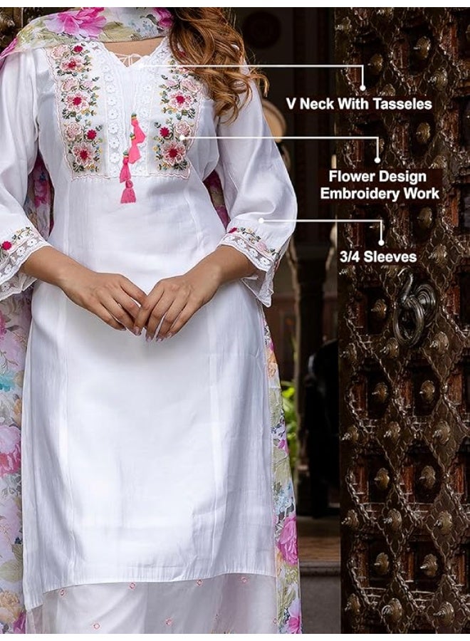 TRENDMALLS 2XL طقم بدلة نسائية من تريندمولز، مصنوع من حرير الفسكوز المطرز، بتصميم واسع من الأسفل، يتكون من قميص وبنطال وسروال. - Image 4
