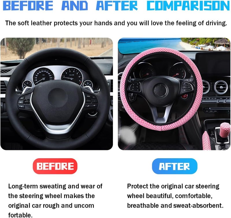 Bittwee 3PCS 15Inch Car Steering Wheel Cover Armrest Cover Gear Shift Cover Set, Microfiber Breathable Anti-Slip Automotive Steering Wheel Protector, Vehicle Interior Decor, Universal Fit（Pink） - Image 3