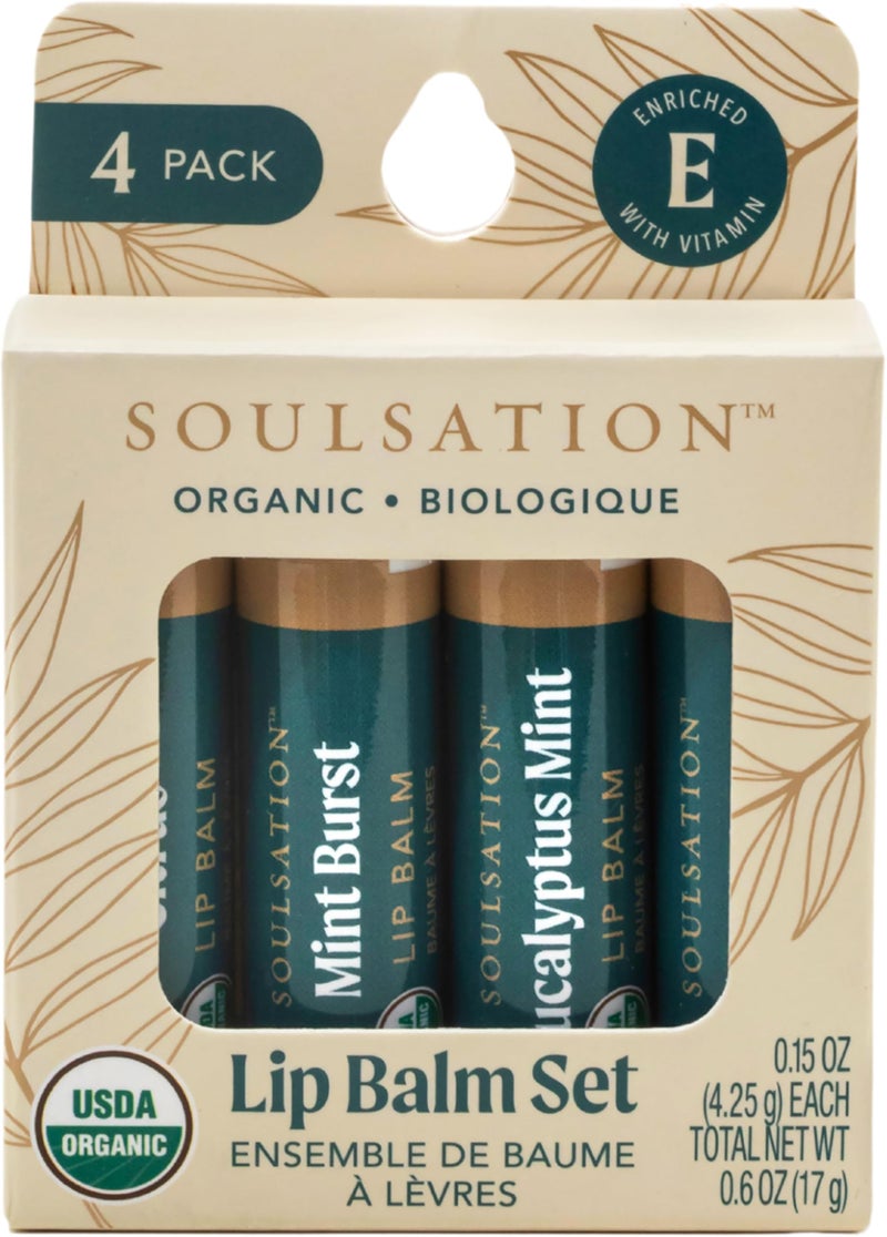 Soulsation Organic Lip Balm Set, 4 Flavors - Moisturizing for Cracked & Dry Lips - Image 1