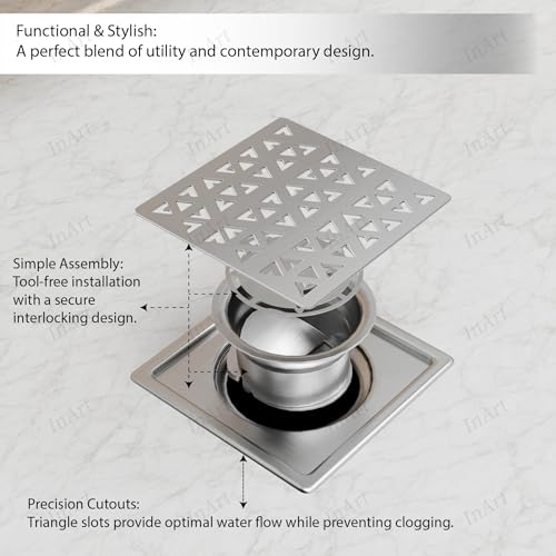 InArt Matrix Exclusive 5x5 Inch Square Floor Drain Jali | 304-Grade Stainless Steel Bathroom Drainer with Anti-Cockroach Trap, Collar & Cover | Silver - 5 Year Warranty - Image 2