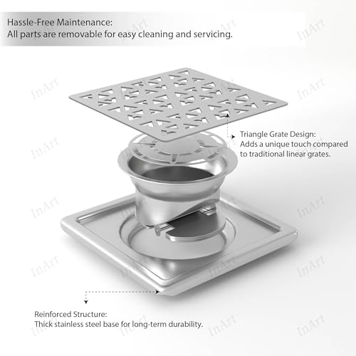 InArt Matrix Exclusive 5x5 Inch Square Floor Drain Jali | 304-Grade Stainless Steel Bathroom Drainer with Anti-Cockroach Trap, Collar & Cover | Silver - 5 Year Warranty - Image 5