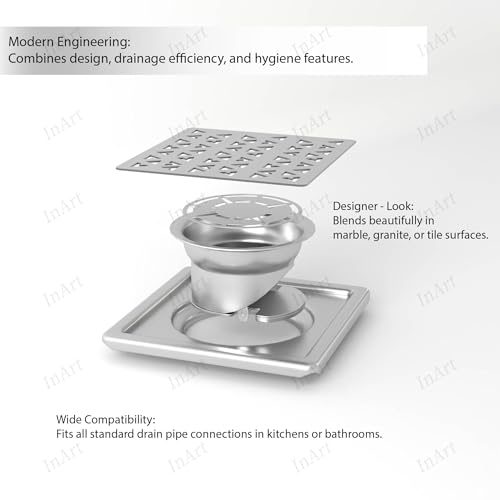 InArt Matrix Exclusive 5x5 Inch Square Floor Drain Jali | 304-Grade Stainless Steel Bathroom Drainer with Anti-Cockroach Trap, Collar & Cover | Silver - 5 Year Warranty - Image 3